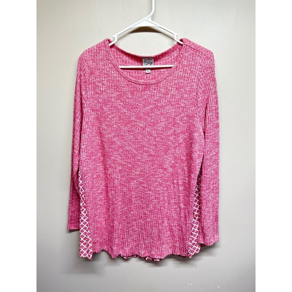 COMO Vintage Pink Marled Ribbed Long Sleeve Top Geometric Print Trim XL‎